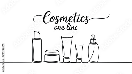 Minimalist continuous line art illustration of cosmetic containers including pump bottle, jar, tubes, and spray bottle, symbolizing beauty, skincare, wellness, lifestyle, and artistic simplicity 