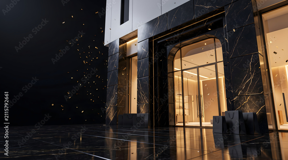 Fototapeta premium Luxury Modern Building Entrance with Black Marble and Glass Doors