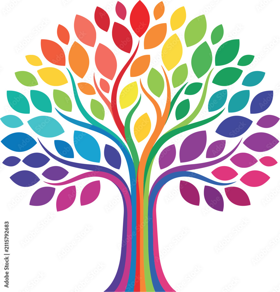 Obraz premium Abstract rainbow tree of life illustration featuring colorful leaves and trunk with vibrant artistic branches isolated on transparent background.