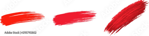 A single horizontal dense crimson red gouache brush stroke, matte paint texture, rough dry brush edges, isolated on a solid pure white background