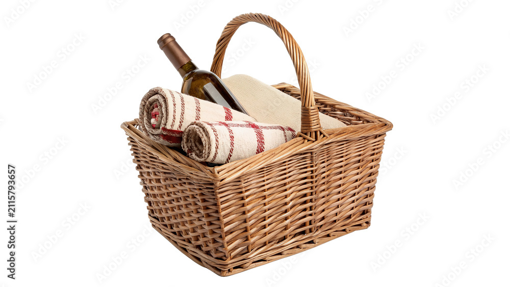 Obraz premium Wicker picnic basket with rolled textiles inside isolated on transparent background