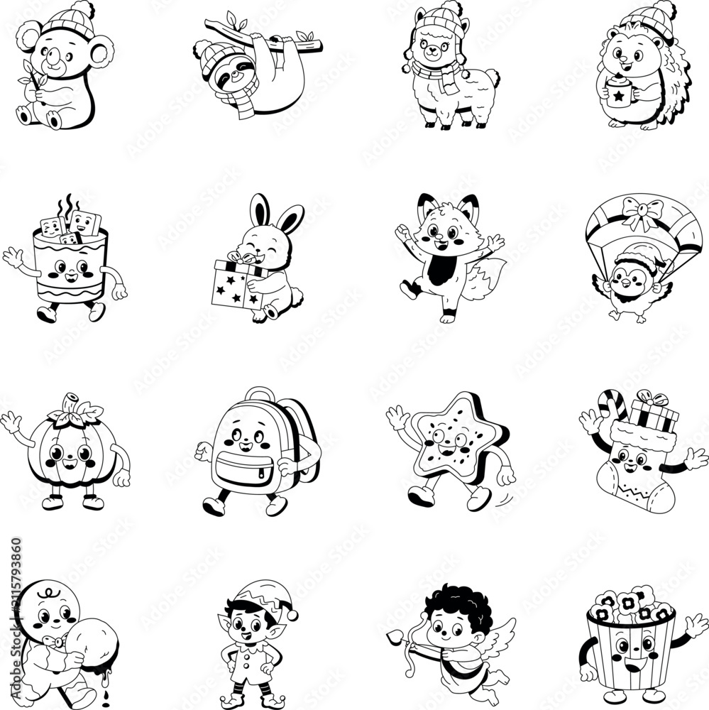 Fototapeta premium 2.Cute festive characters featuring woodland animals, holiday treats, school items, elves, Cupid, popcorn, pumpkins, and winter accessories in a cheerful seasonal vector style. 