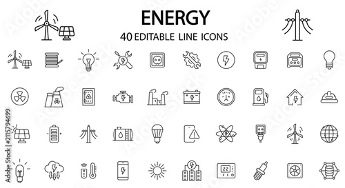 Energy Icons. 40 Editable Line Icons for Renewable Energy, Electricity, Solar Power and Smart Grid