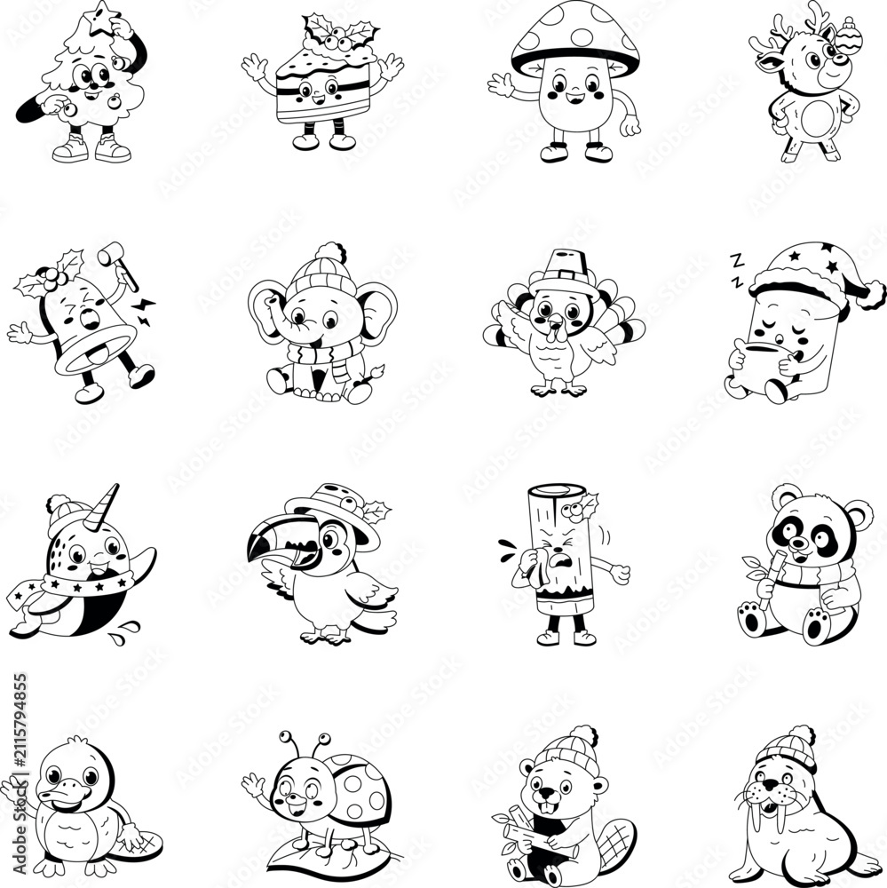 Fototapeta premium Festive holiday characters featuring Christmas treats, woodland animals, birds, marshmallows, candles, reindeer, and wildlife in a cheerful seasonal vector style. 