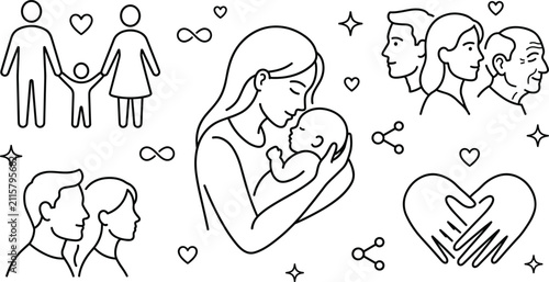 Foto Family and motherhood line art vector illustration set featuring a mother holdin