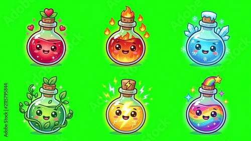 Kawaii Animated Magic Potion Bottles on Green Screen