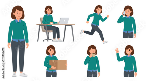 Modern Business Woman Character Set in Various Poses: Working on Laptop, Running, Talking on Phone, Holding Box, and Waving. Flat Vector Illustration Isolated on White.