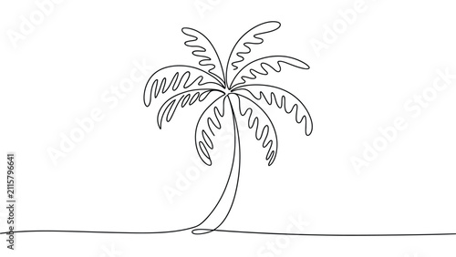  Minimalist continuous line art illustration of palm tree with curved trunk and fronds, symbolizing nature, tropical landscape, relaxation, vacation, and artistic simplicity in modern design
