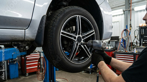 Mechanic changing a car tire in an auto service garage with a pneumatic wrench, close-up view of the wheel and tools.