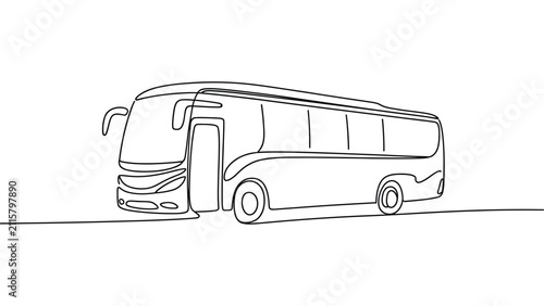Minimalist continuous line art illustration of passenger bus side view with wheels, windows, and door, symbolizing public transport, travel, mobility, community connection, and modern simplicity 