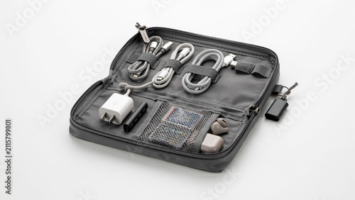 Portable Travel Electronics Organizer Case with Charging Cables