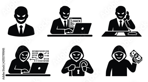 Quadro su tela Cyber criminal hacker silhouette vector icons set showing illegal activities for