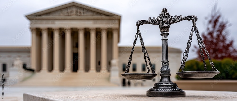 Obraz premium Metallic scale of justice in front of courthouse with columns under a bright overcast sky