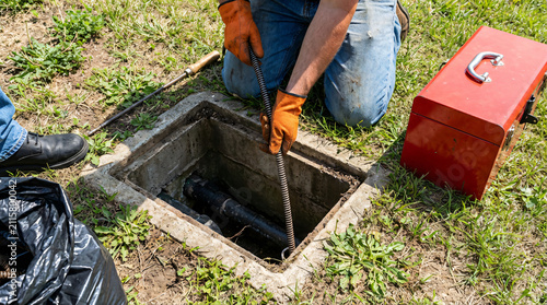 Plumber clearing a clogged sewer pipe in a residential area, performing maintenance on the drainage system.