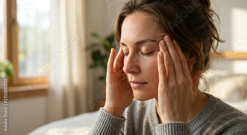 Young woman suffering from a severe headache while sitting in her bedroom.