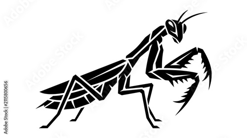 Quadro su tela Stylized black silhouette of a praying mantis insect on a white background