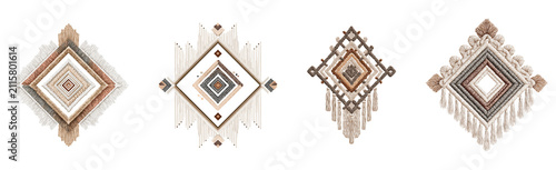 Cuadro en lienzo Elegant macrame diamond wall hangings featuring detailed woven patterns and soft fringe tassels isolated on transparent background for sophisticated bohemian interior styling projects