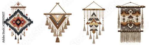 Cuadro en lienzo Decorative macrame wall hanging collection with diverse geometric woven patterns and intricate fringe details isolated on transparent background for home interior wall decoration