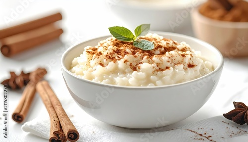 Creamy rice pudding in white bowl, topped with cinnamon and mint