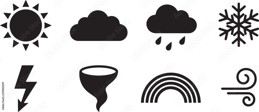 Obraz premium Weather icon set. Collection of climate symbols for forecast apps and web design. A set of black weather icons including sun, rain, snow, storm, and wind symbols on a white background.
