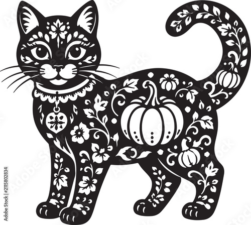 Black decorative cat illustration with floral pumpkin pattern design