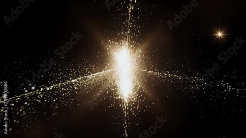 Luminous golden light burst with sparkling particles and radiant glow against a dark cosmic background