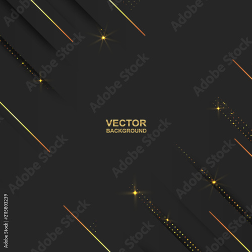 Abstract. Luxury black background with elegant diagonal gold lines and glittering gold dust sparkles. vector.
