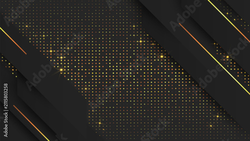 Abstract. Luxury black background with elegant diagonal gold lines and glittering gold dust sparkles. vector.