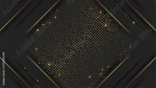 Abstract. Luxury black background with elegant diagonal gold lines and glittering gold dust sparkles. vector.
