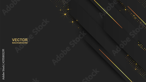 Abstract. Luxury black background with elegant diagonal gold lines and glittering gold dust sparkles. vector.