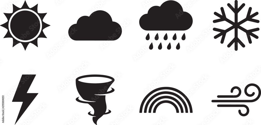 Obraz premium Weather icons set. Collection of climate symbols for forecast apps and web design. A set of black weather icons including sun, clouds, rain, snow, lightning, tornado, rainbow, and wind.