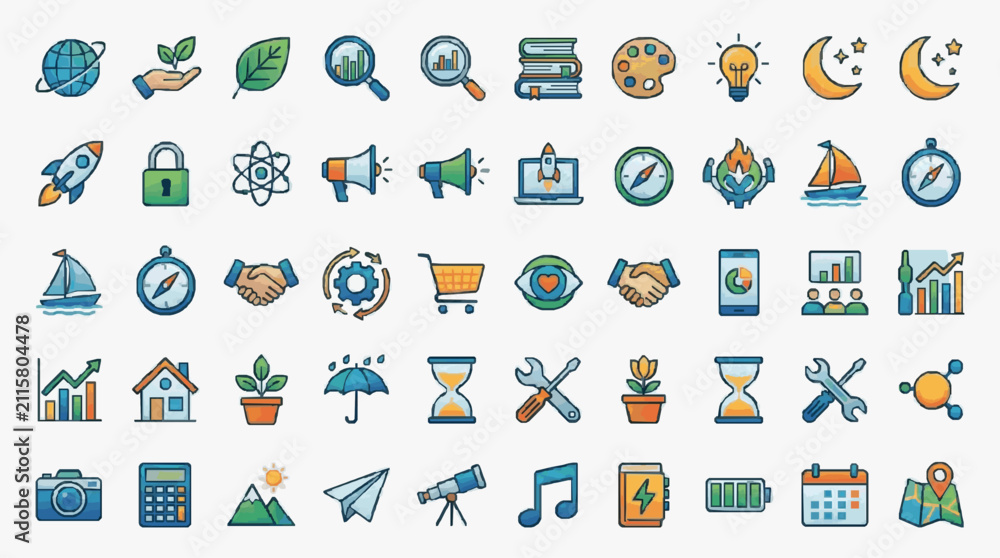 Fototapeta premium Modern Colorful Flat Icons Set Featuring 60 Unique Illustrations of Business Technology Travel Nature and Lifestyle Concepts
