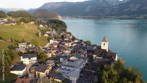 Aerial View of St. Wolfgang on Lake Wolfgangsee in Upper Austria, Salzkammergut Region 4k