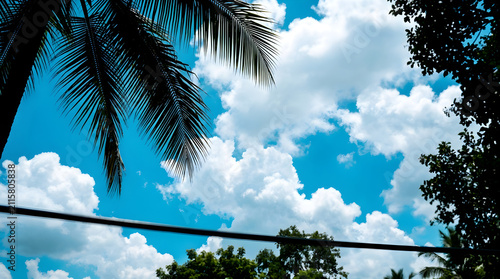 Palm fronds frame a bright blue sky filled with soft white clouds during a sunny summer day.