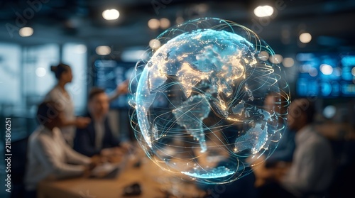 Futuristic Digital Hologram of Global Network Earth Globe in Modern Business Office Environment