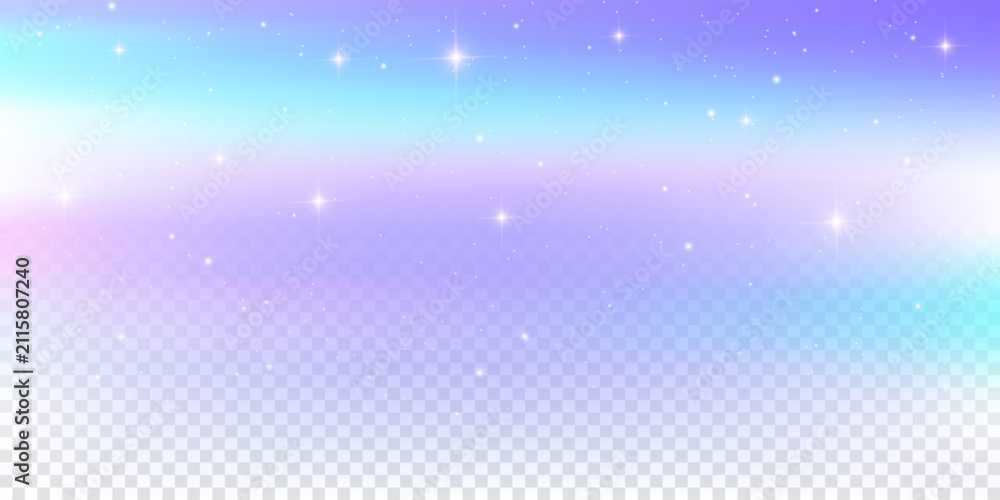 Fototapeta premium Rainbow unicorn background with pastel pink dreamy gradient. Cute dreamy holographic color gradation and stars. Holographic watercolor soft transparent bg