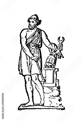 Obraz na płótnie Vulcan, Roman smith god, standing by an anvil with a forging tool, old vintage illustration, 1897