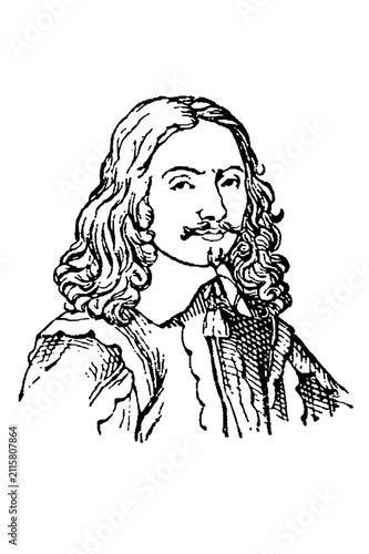 Canvastavla Vincent Voiture (1598–1648), French poet, with long hair, mustache, and period attire, old vintage illustration, 1897