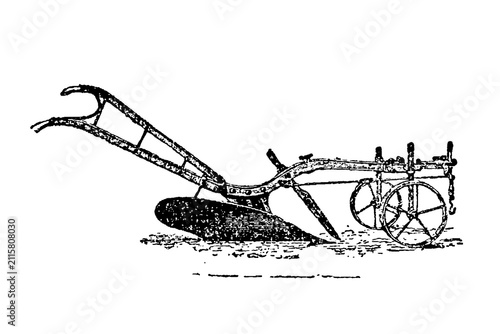 Fotografie Walking plow with metal blades and wooden handles, old vintage illustration, 1897