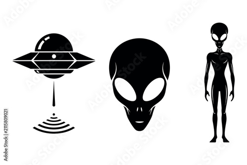 Foto Alien invasion a silhouette collection of ufo alien head and grey alien figure