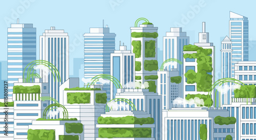 Eco friendly modern city with green rooftop gardens on skyscrapers