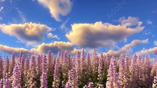 Vibrant purple flowers blanket a field under a brilliant blue sky with soft white clouds, creating a peaceful natural vista