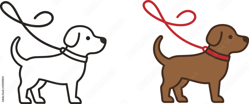 Fototapeta premium Cute cartoon puppy dogs with leashes standing in profile