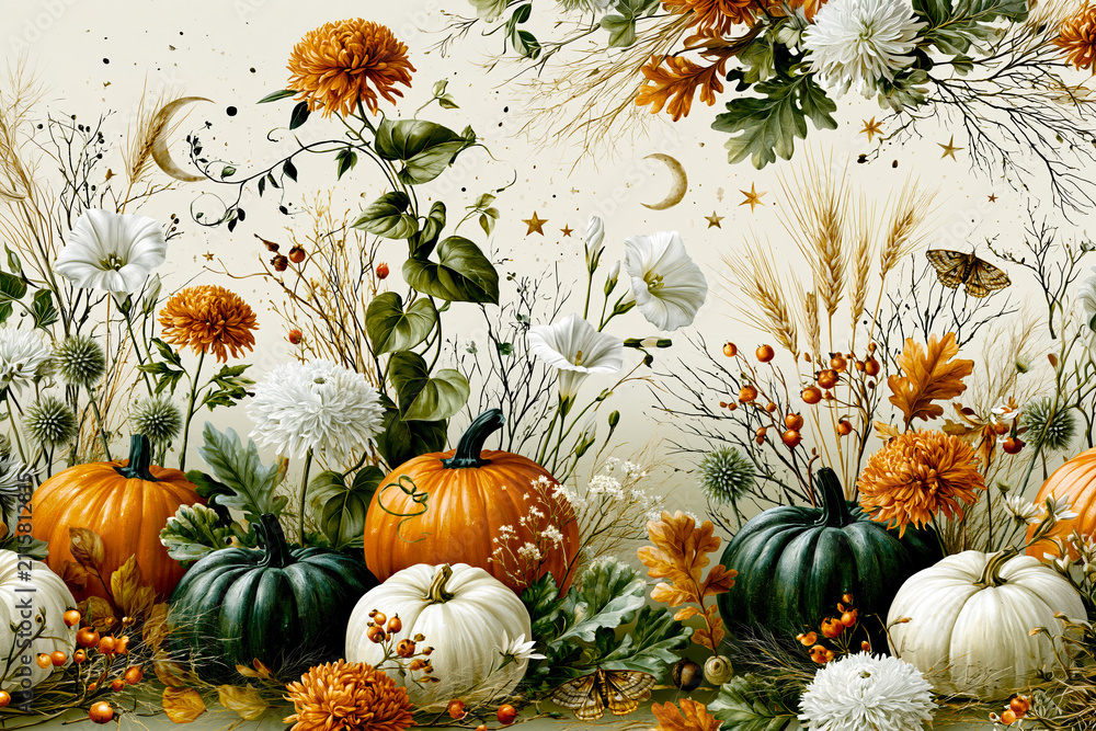 Obraz premium Autumn Floral Pumpkin Botanical Pattern – AI Generative