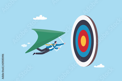 Success strategy, direction to achieve business target or planning goal, objective or motivation aiming to complete mission, winner efficiency, businessman flying in the direction reach target goal.