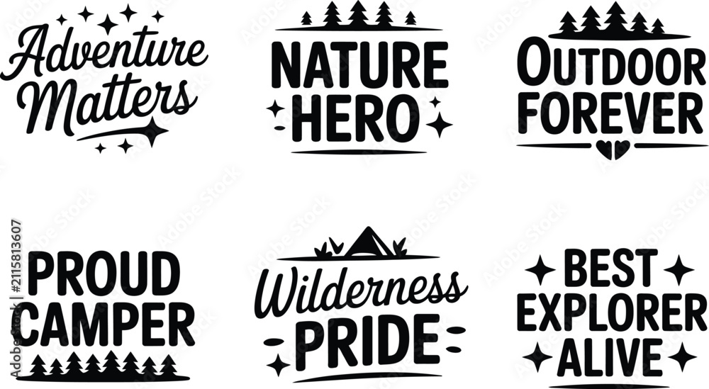 Obraz premium Vintage Adventure Badges, 6 Outdoor Camping Logos, Retro Wilderness Vector Set Editable Vector