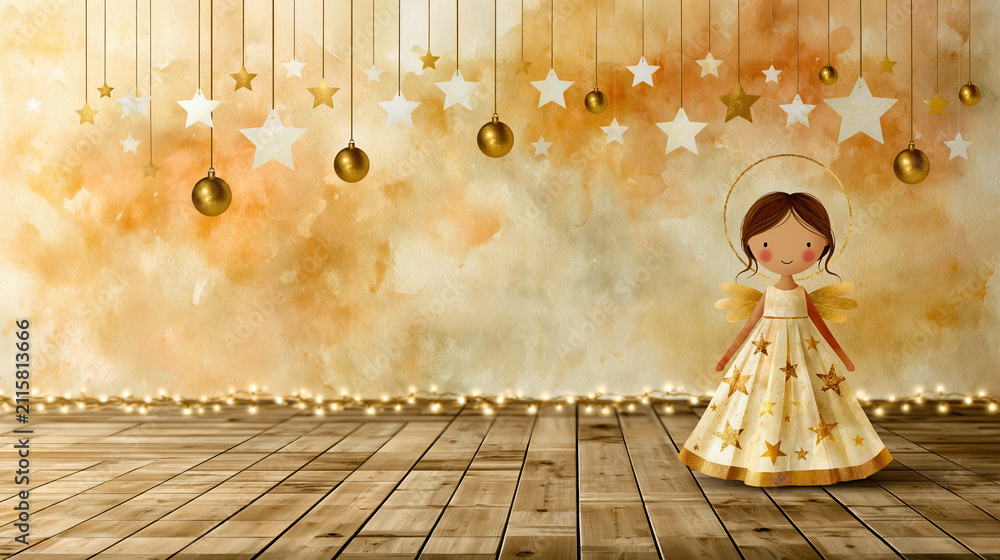 Obraz premium Cute Christmas Angel Watercolor Background – AI Generative