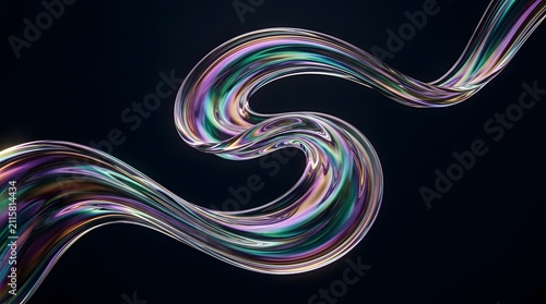 Iridescent glass ribbon curving elegantly through dark space featuring vibrant spectrum colors with high quality reflective surfaces and liquid motion