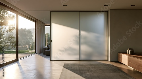 Modern minimalist living room interior with frosted glass sliding doors.