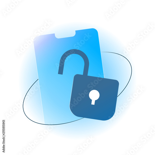Illustration of smartphone, unlocked padlock. trusted device authentication, verified mobile access, secure login, device authorization. for cybersecurity, account security, two factor authentication